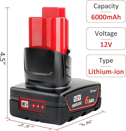 Waitley 12V 6.0Ah Lithium-Ion Replacement Battery for Milwaukee M12 Tools (2-Pack)